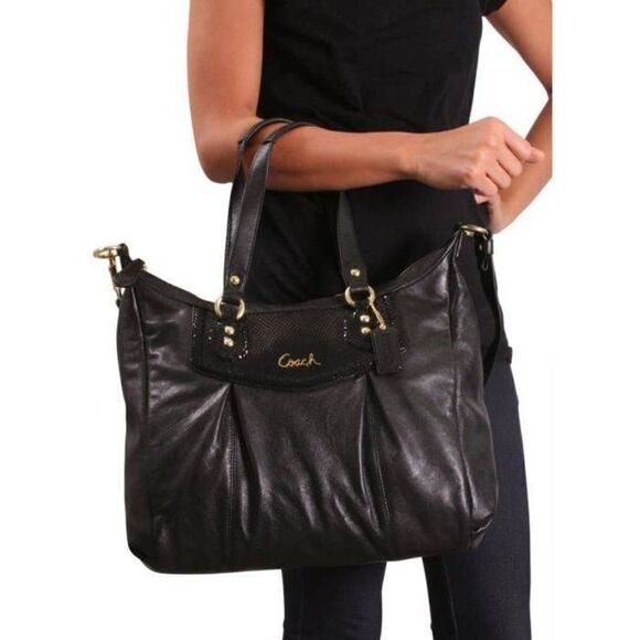 Coach Ashley 2 Way Tote Purse Shoulder Bag Black Python Leather F20104. 
L 16"
H - Picture 1 of 10
